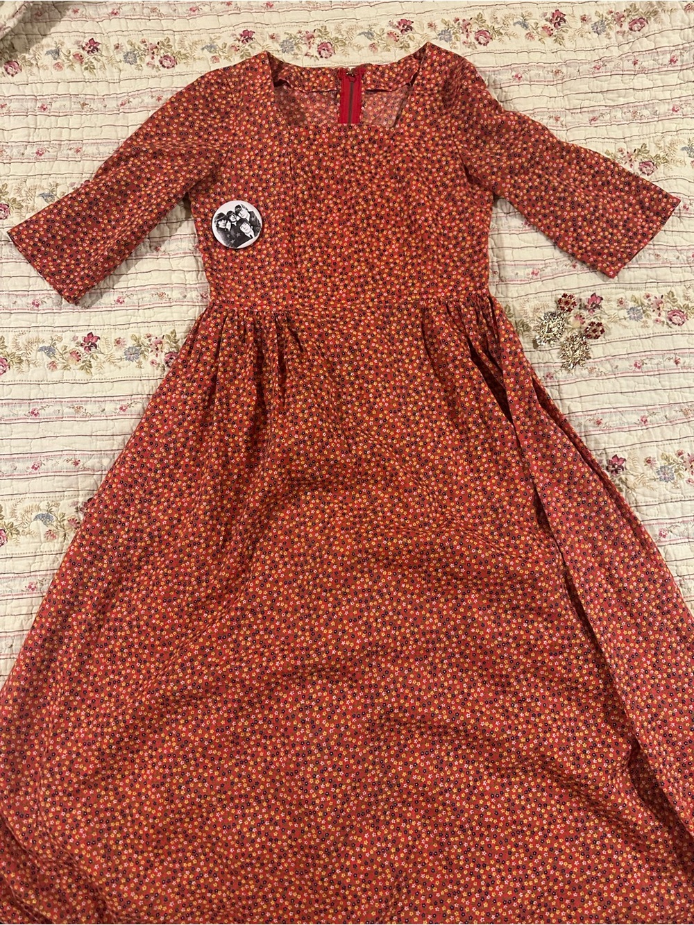 True Vintage 60s 70s Red Ditsy Floral Prairie Midi Dress Girls 10-12 Med Large